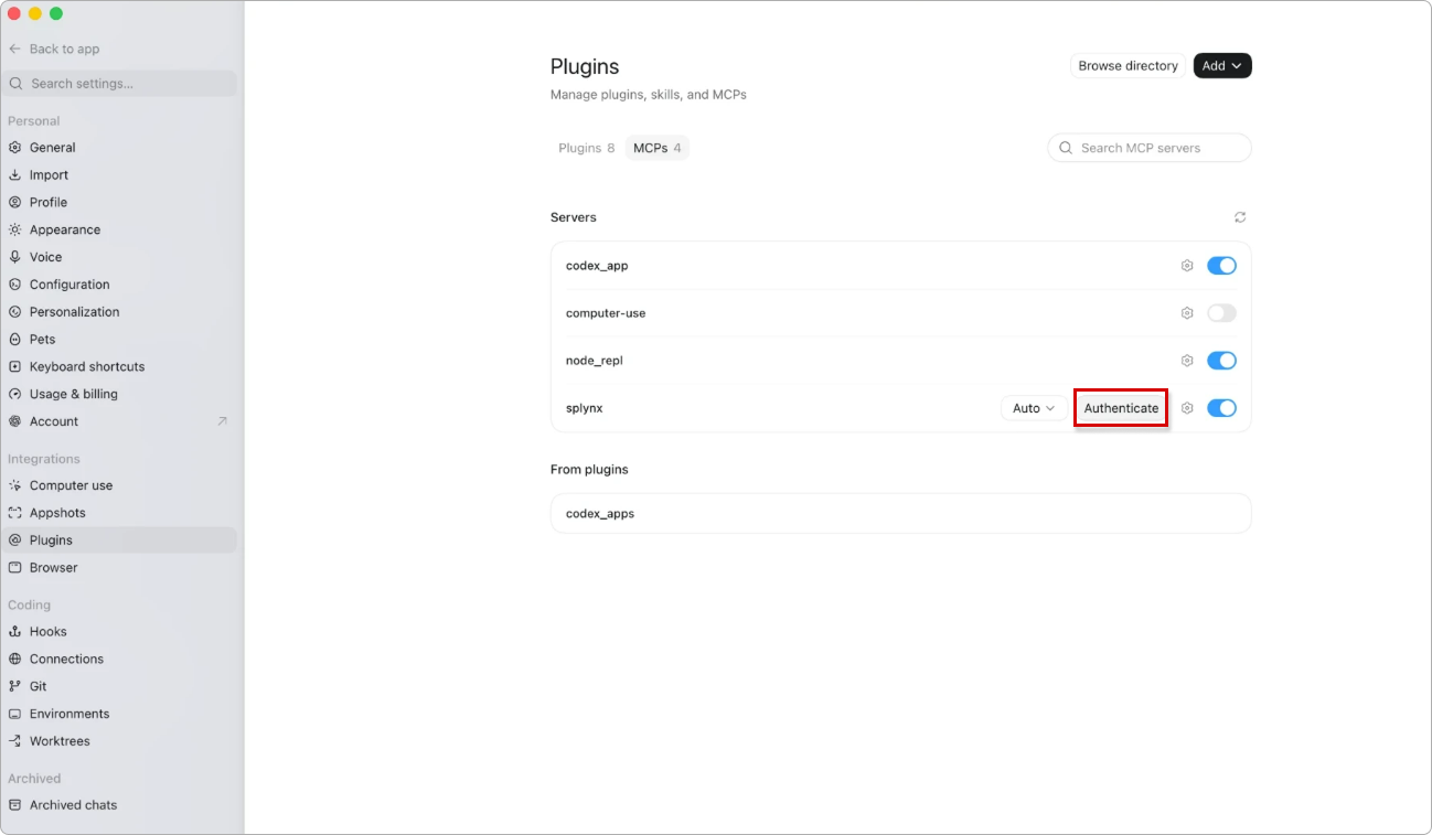 The Servers list with a splynx row, an Authenticate button and the toggle on