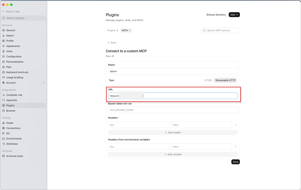 The same form with an unfinished URL — «mcp» still has to follow the slash