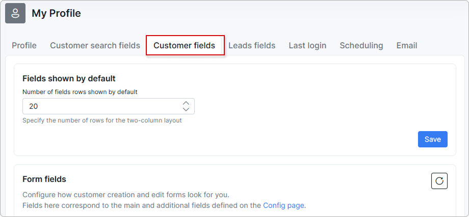 Customer fields tab in the administrator profile