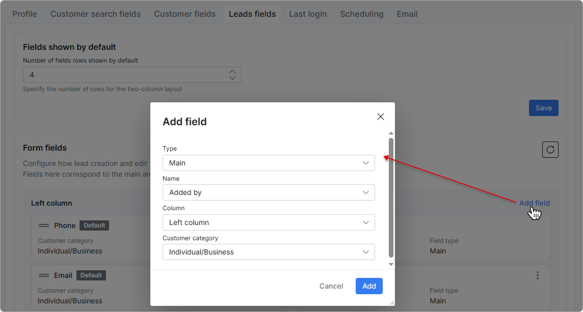 Add field dialog for the leads form
