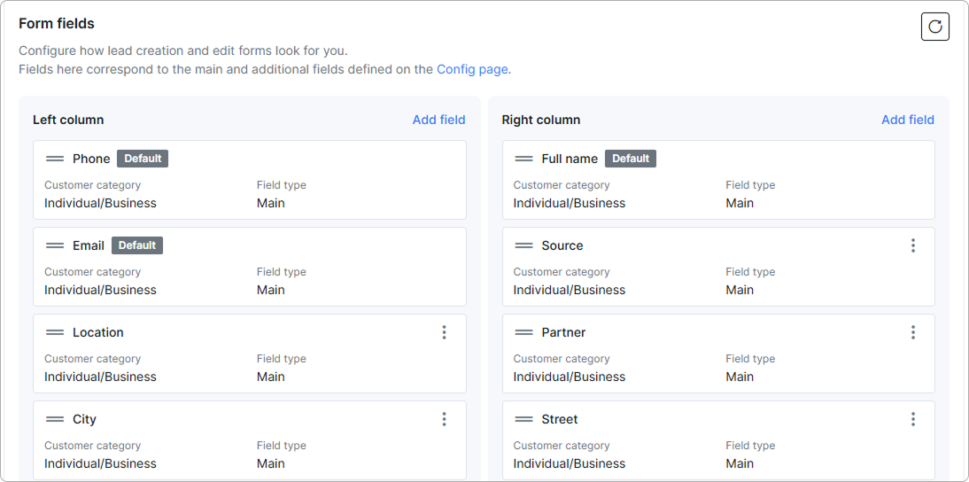 Form fields block with the left and right column layout for leads