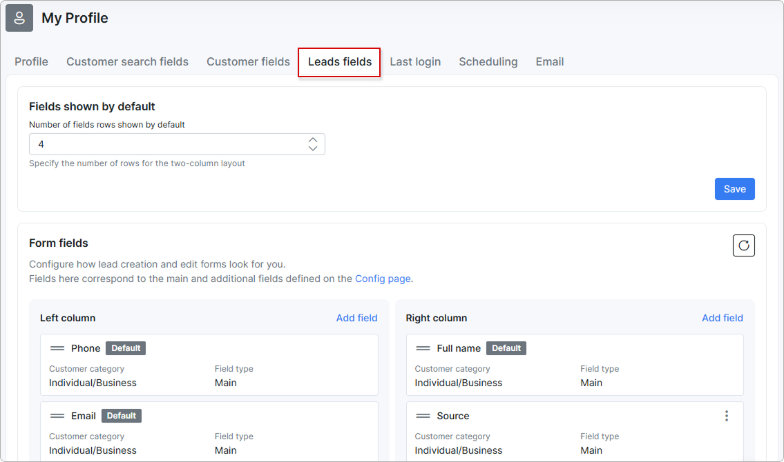Leads fields tab in the administrator profile