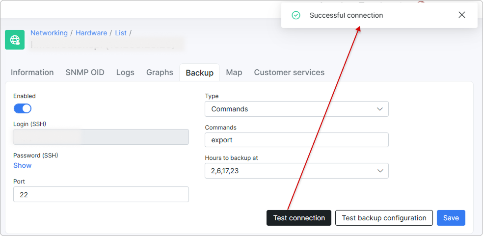 Example of a successful backup connection