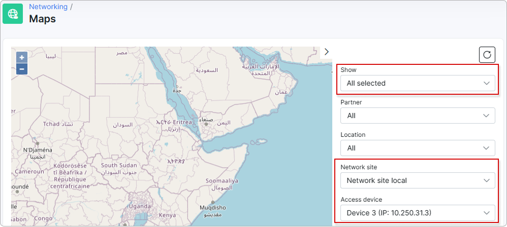 Network map filter with the Network site and Access device multi-selects