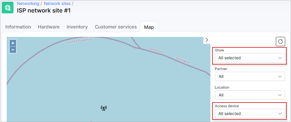 Network site map filter with the Access device multi-select