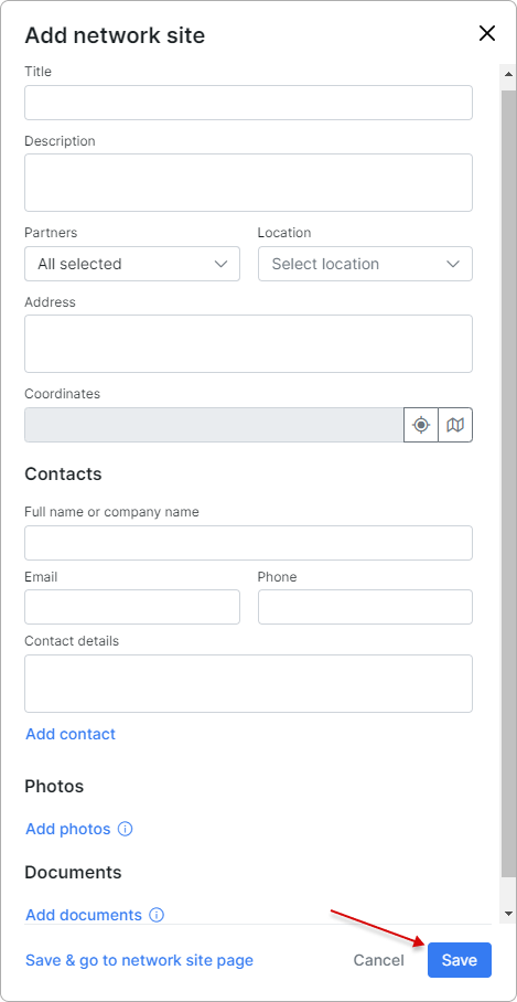 Network sites adding form