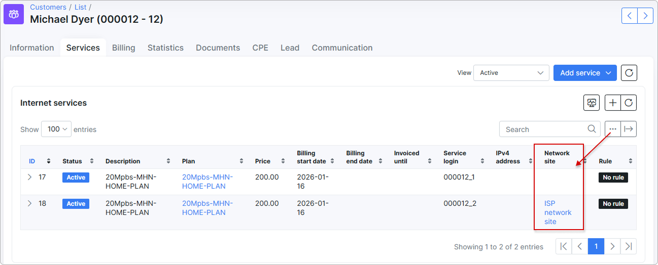 Network site column in the table of customer's services