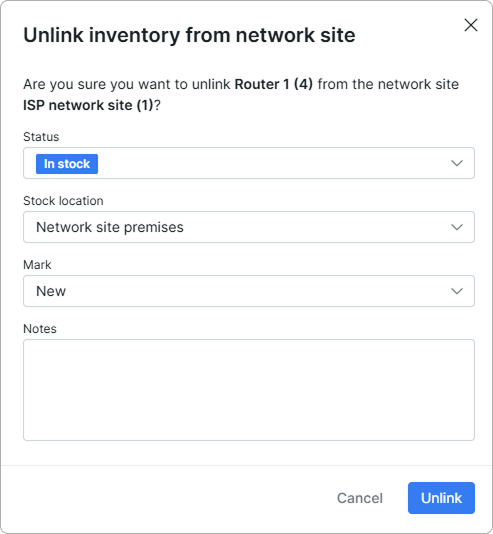 Unlink inventory from a network site