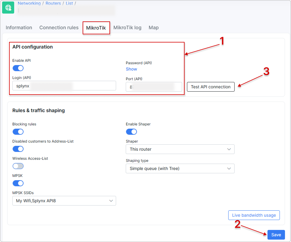 Important fields for connection between Splynx and MikroTik