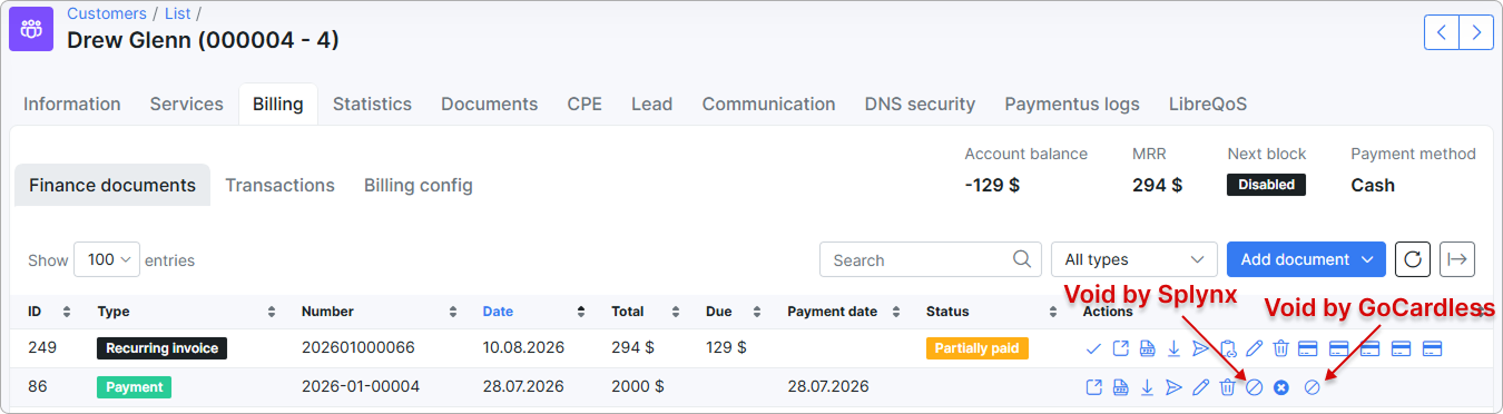 Void by GoCardless icon in the customer's Finance documents list