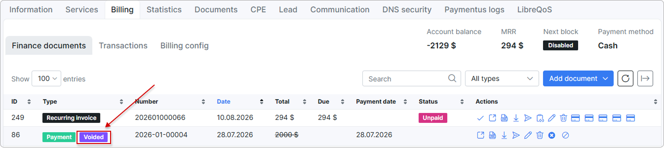 GoCardless payment with the Voided status