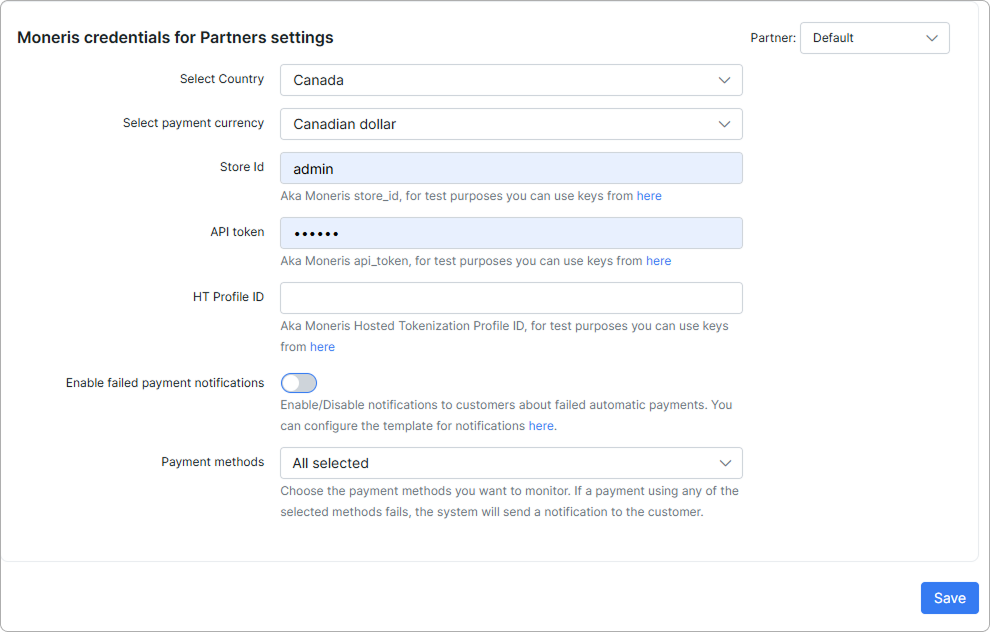 Moneris credentials for Partners settings