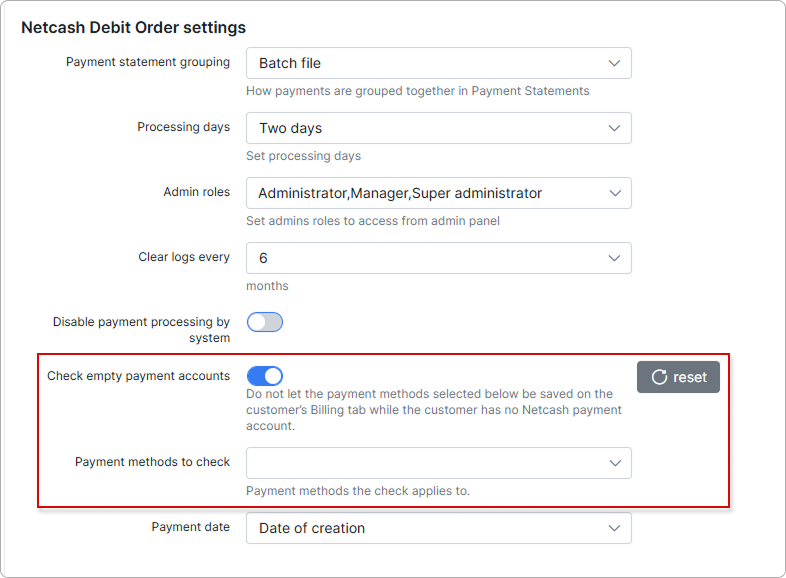 Check empty payment accounts toggle enabled with the Payment methods to check field below it