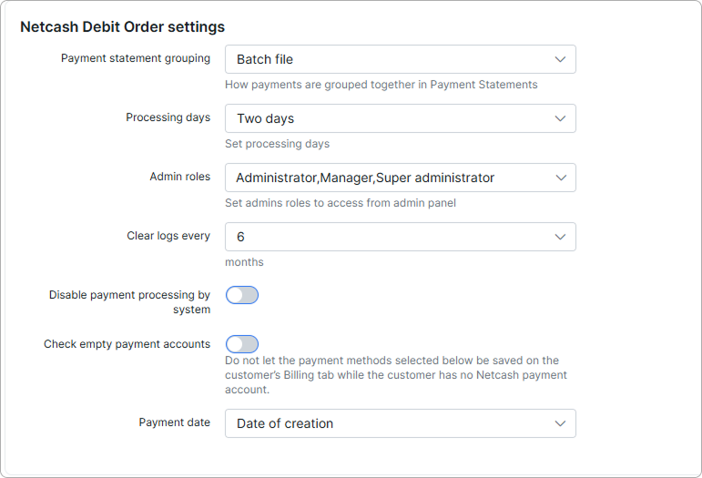 Netcash Debit Order settings
