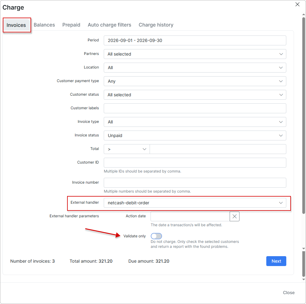 Validate only switch below the Action date field in the Charge dialog