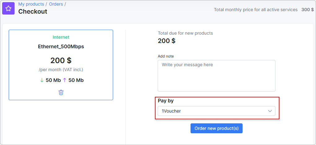 1Voucher selected as the payment method in the Checkout window of the Order new products flow