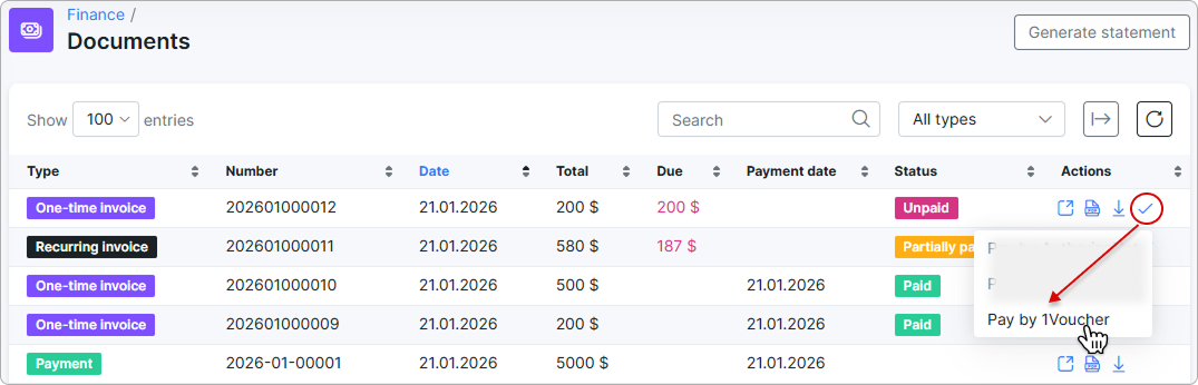 Pay by 1Voucher optionnext to the unpaid invoice