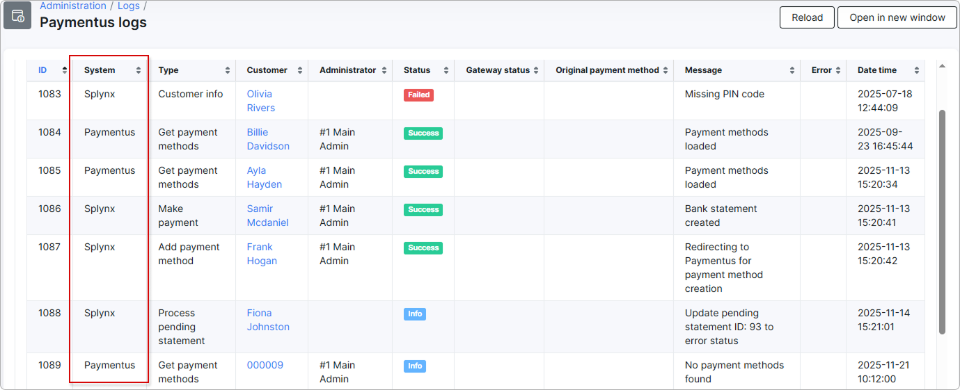 Paymentus logs with statuses