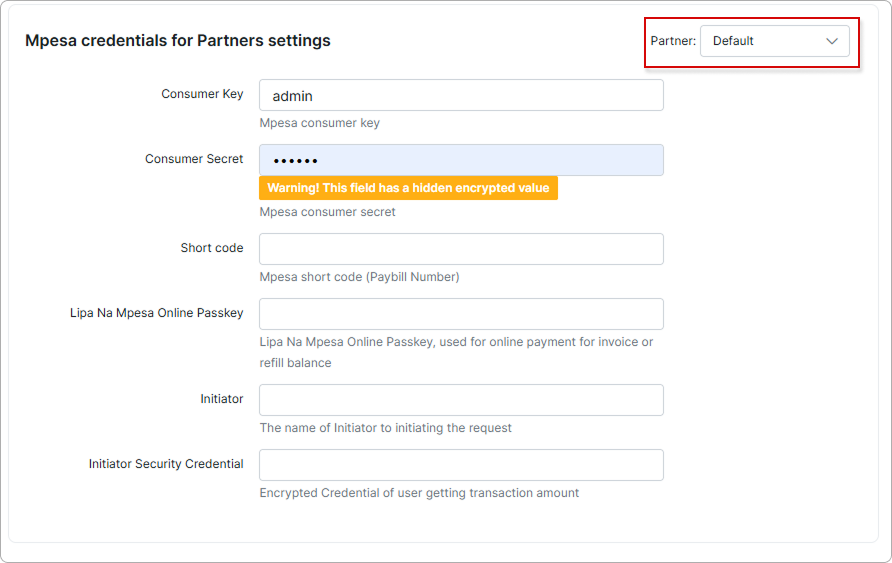 Mpesa credentials for Partners settings with the Partner selector