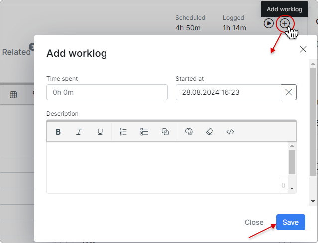 Add worklog button with the pop-up window