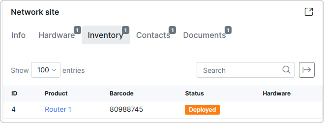Inventory tab in the Network site block of a task with linked items