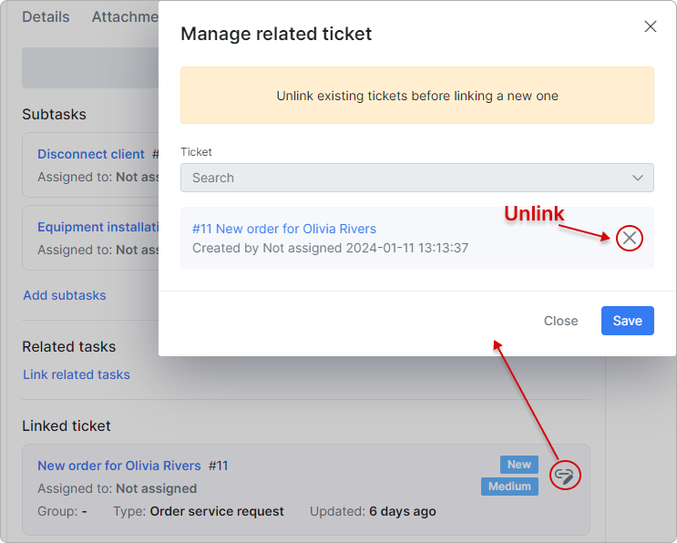 Manage related tickets window