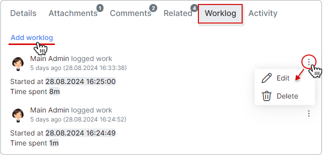 Worklog tab with management icons