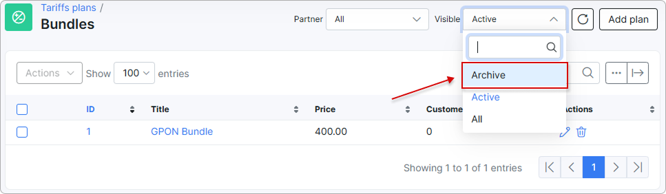 Archive option in the Visible filter