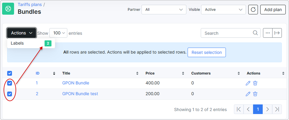 Bundle plans list with selected plans and the Actions menu open