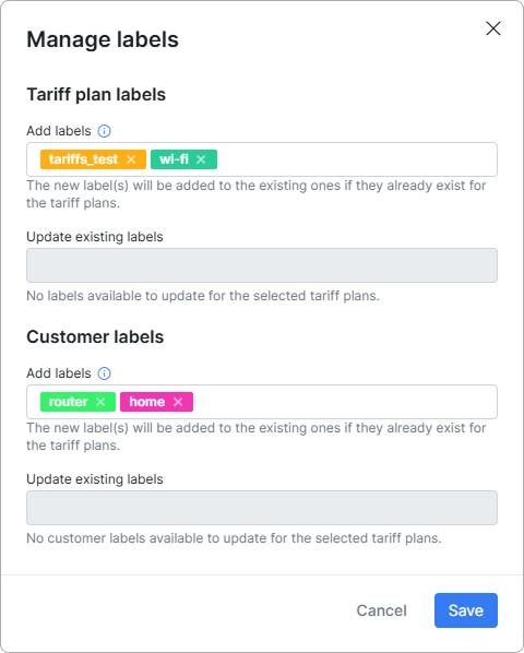 Manage labels window