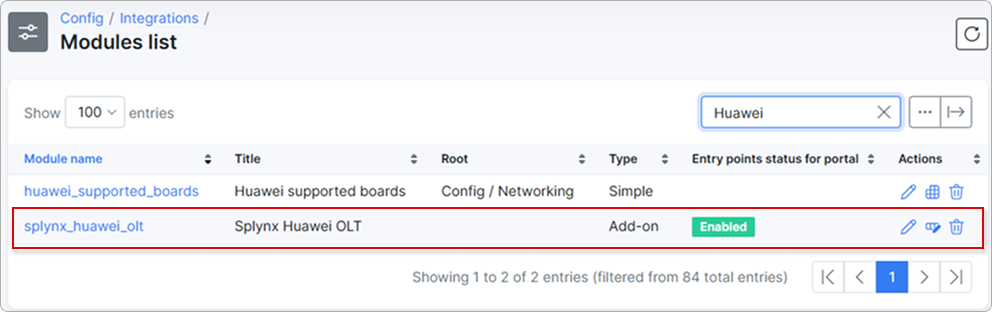Modules list filtered by Huawei, showing the Splynx Huawei OLT add-on enabled