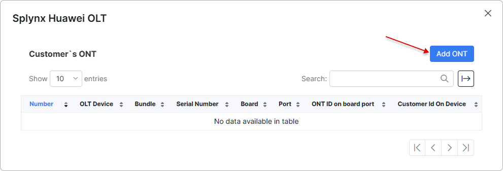 Splynx Huawei OLT modal with the Customer's ONT table and Add ONT button