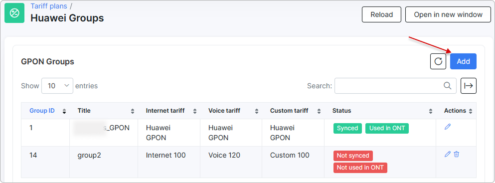 GPON Groups list with the Add button
