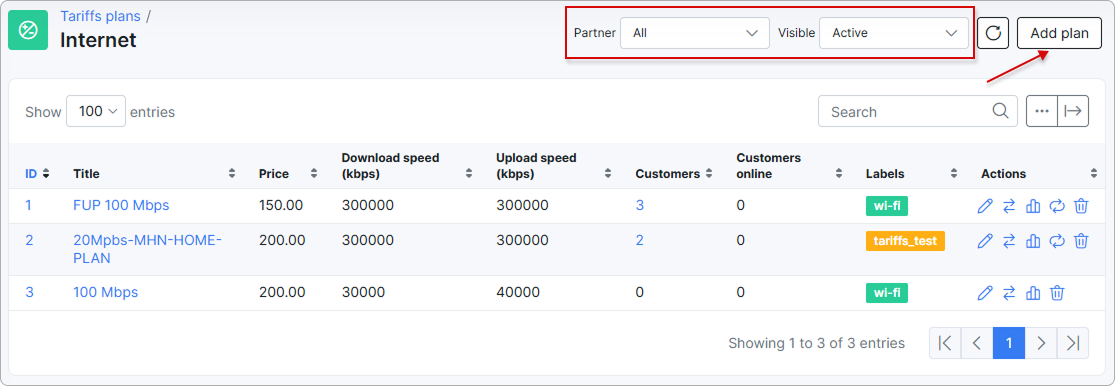 List of internet plans with filters and the 'Add plan' button