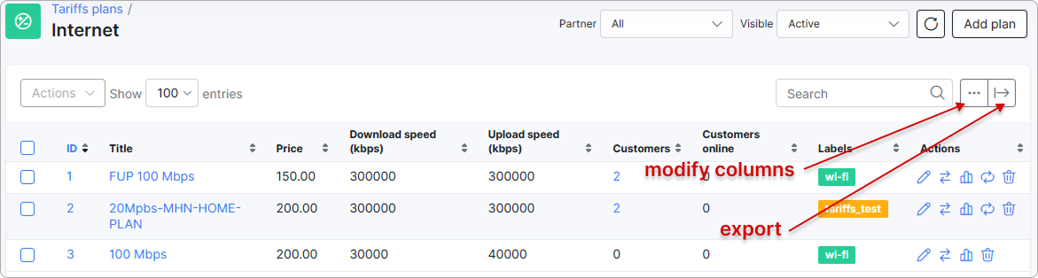 Buttons to select displayed columns and export options