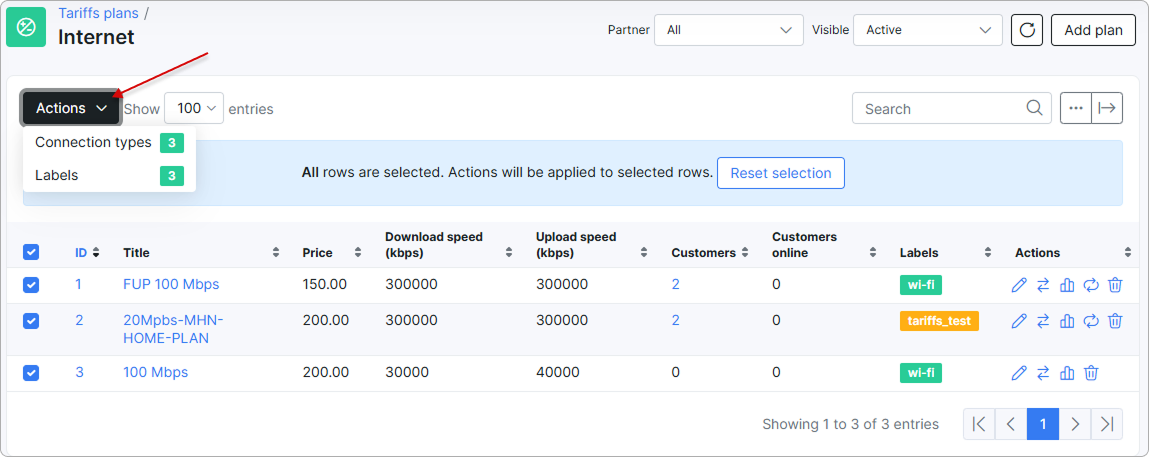 Internet plans list with selected plans and the Actions menu open