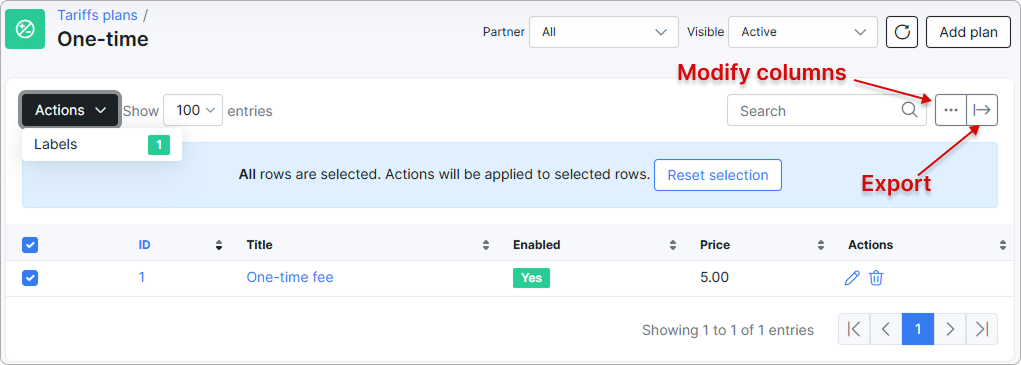 Modify column order and Export buttons