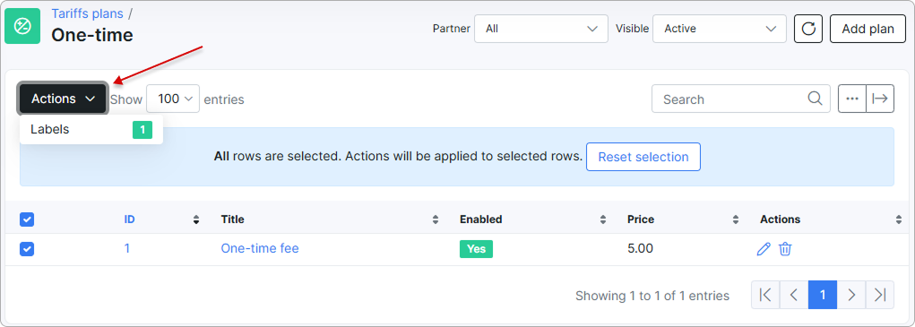 One-Time plans list with selected plans and the Actions menu open