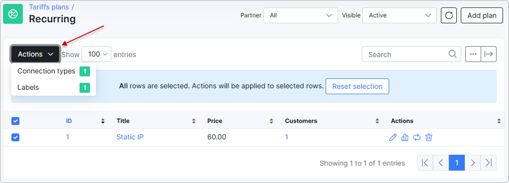 Recurring plans list with selected plans and the Actions menu open