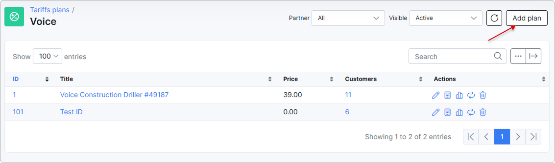 Add plan button above the list of voice plans