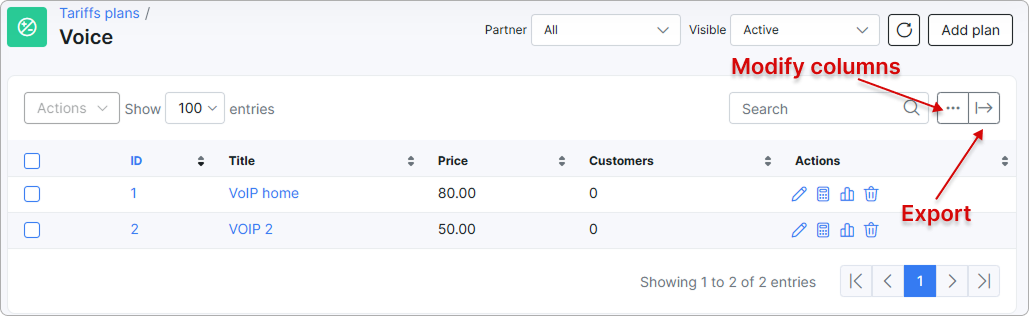 Buttons for modifying table view and export