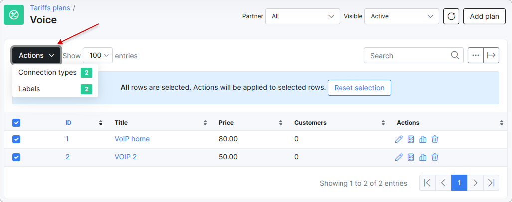 Voice plans list with selected plans and the Actions menu open