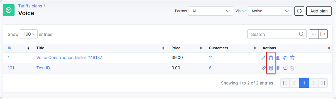 Pricing icon in the Actions column of the Voice plans list