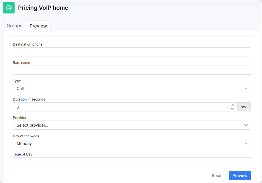 Preview tab with sample call fields