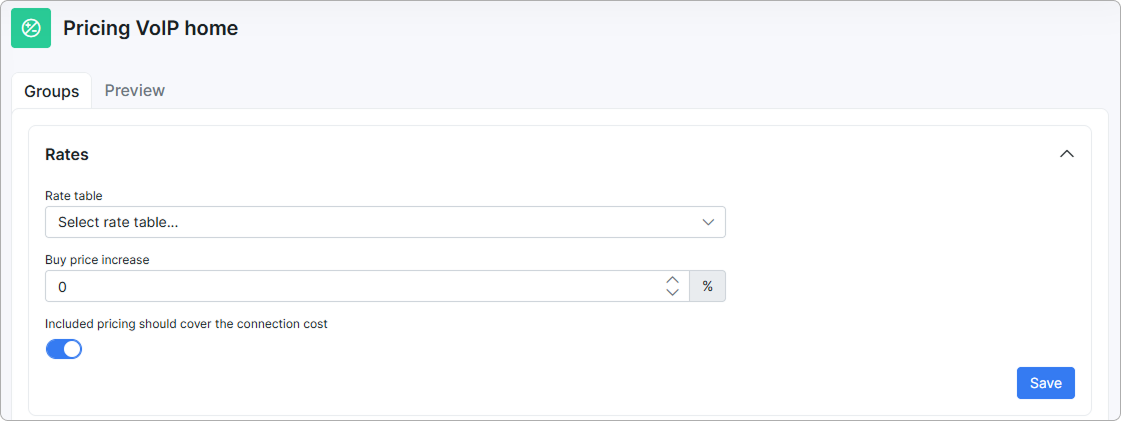 Rates section with rate table, buy price increase, and connection cost toggle