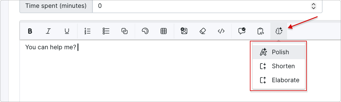 AI text actions control in the ticket reply form