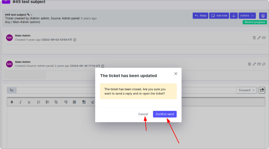 Confirmation modal shown when replying to a closed ticket