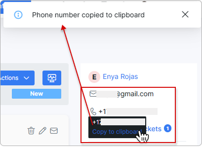 Copying the customer's phone number within the ticket
