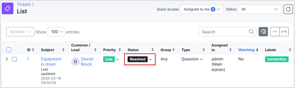 Ticket with the Resolved status