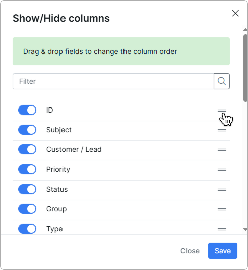 Show/hide columns page
